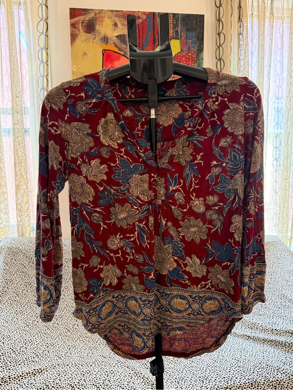 Lucky Brand Burgundy Floral V-Neck Long-Sleeve Blouse